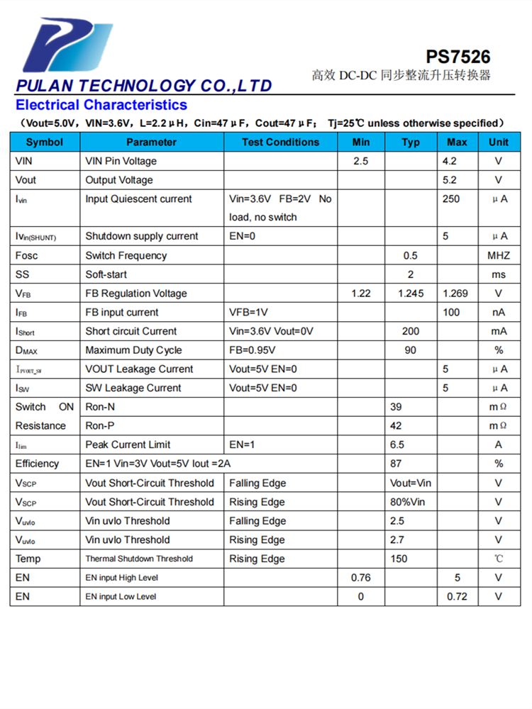 PS7526 SOP8 2.4安同步整流升压IC芯片 3V和3.7V 4.2V输入 输出5V
