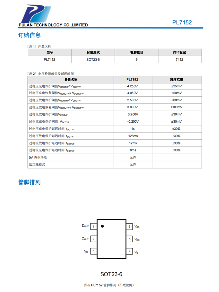 PL7152 SOT23-6 CMOS双节可充电锂电池保护IC 