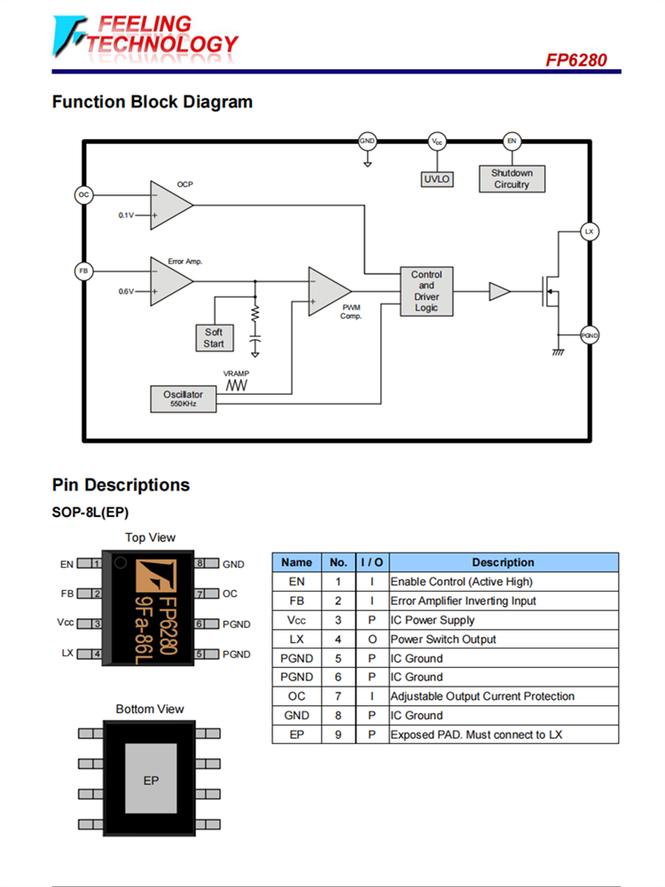 FP6280 SOP8L-EP封装 升压芯片 输出电流达2.1安 百盛电子代理商