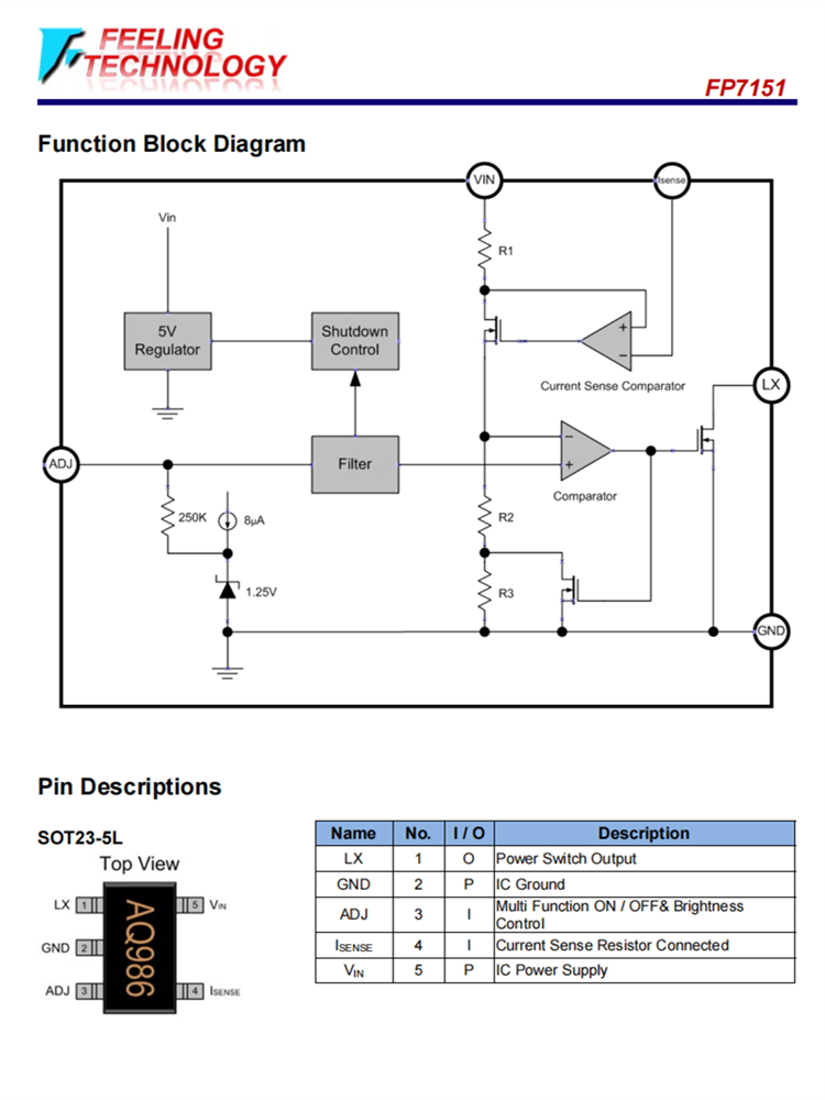 FP7151 SOT23-5L 700ma LED驱动器 内置0.7Ω 26V电源MOSFET开关
