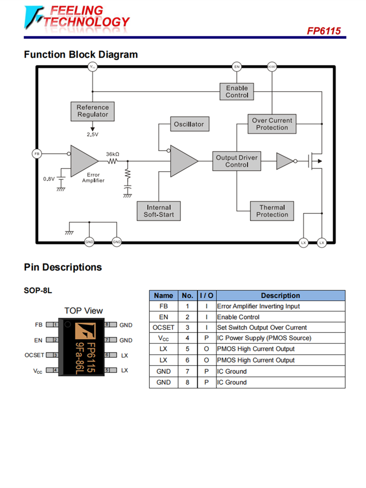 FP6115DR 非同步降压IC SOP-8L 340KHz 2安输出 内置P-MOS 代理商