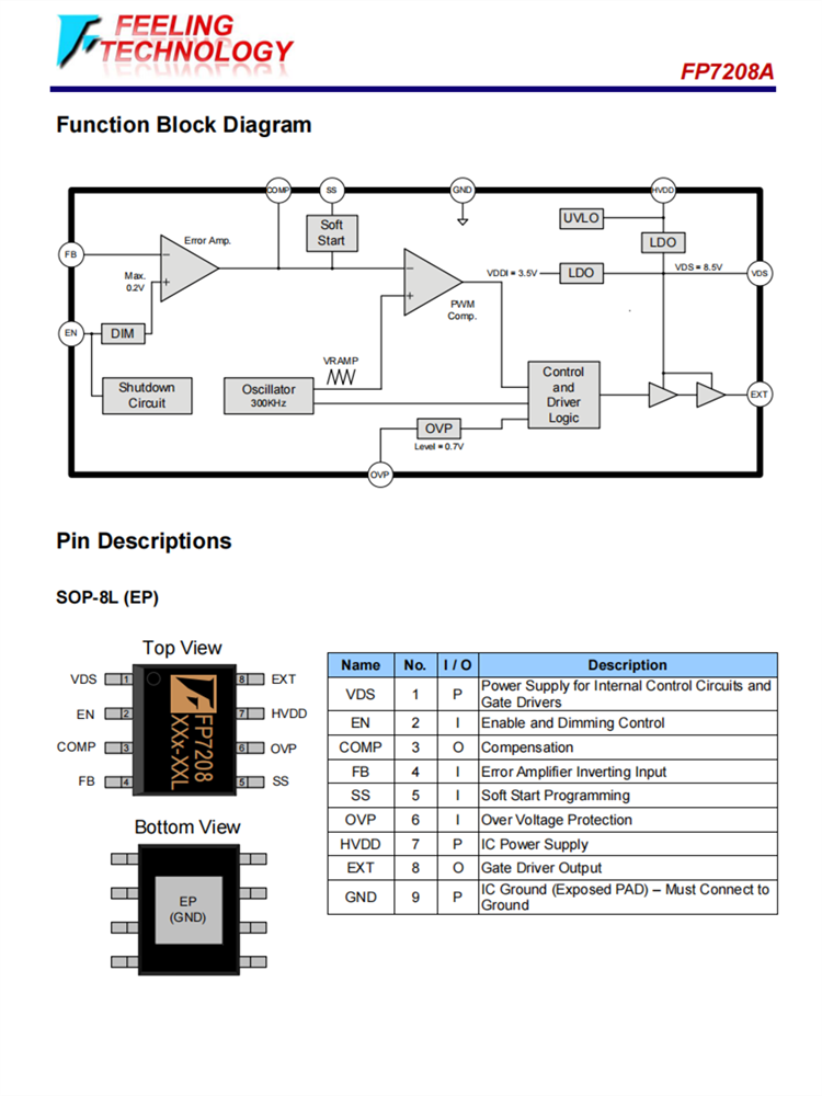 FP7208A SOP8L-EP LED驱动 显示背光 增压拓补开关调节器芯片