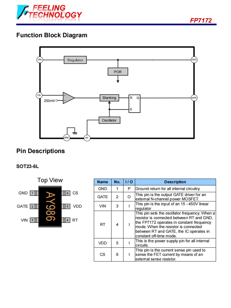 FP7172 SOT23-6L 电动车LED车照明芯片 通用高亮度LED驱动程序