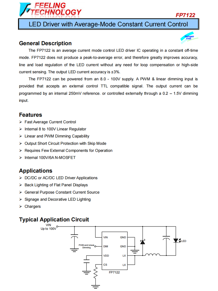 FP7122 LED驱动器IC 内部100V/6A N-MOS SOP8L-EP封装 远翔代理