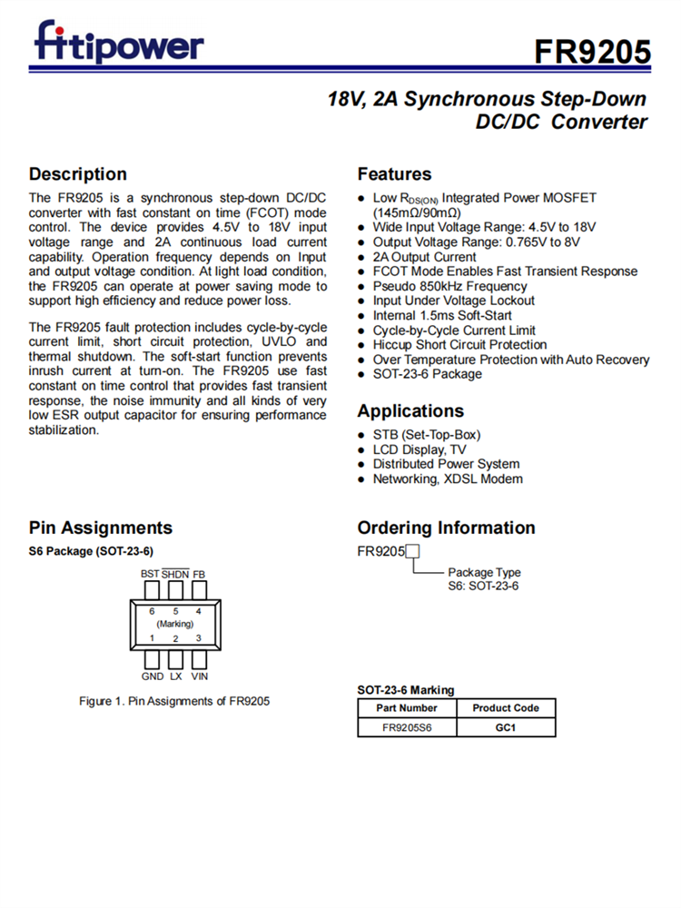 FR9205S6 SOT23-6 18V 2A同步降压IC DC/DC转换器 FCOT模式控制