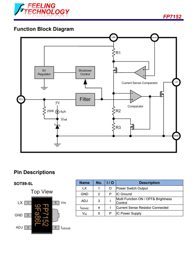 FP7152 SOT89-5L 1安带有内部开关的LED驱动器芯片 MOS电源开关