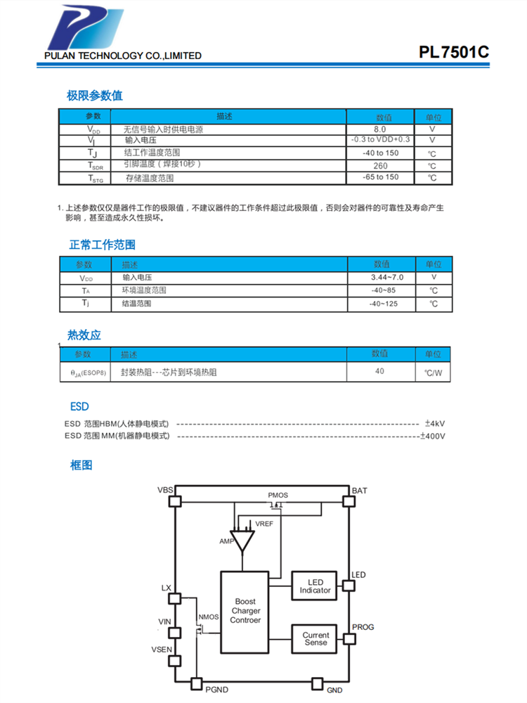 PL7501C ESOP8升压双节锂电池串联充电IC 支持LED充电指示内置MOS