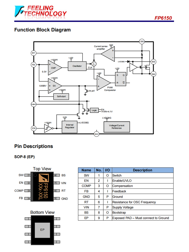 FP6150 3A 36V 降压转换器 SOP8L-EP 内置功率MOSFET 百盛代理商