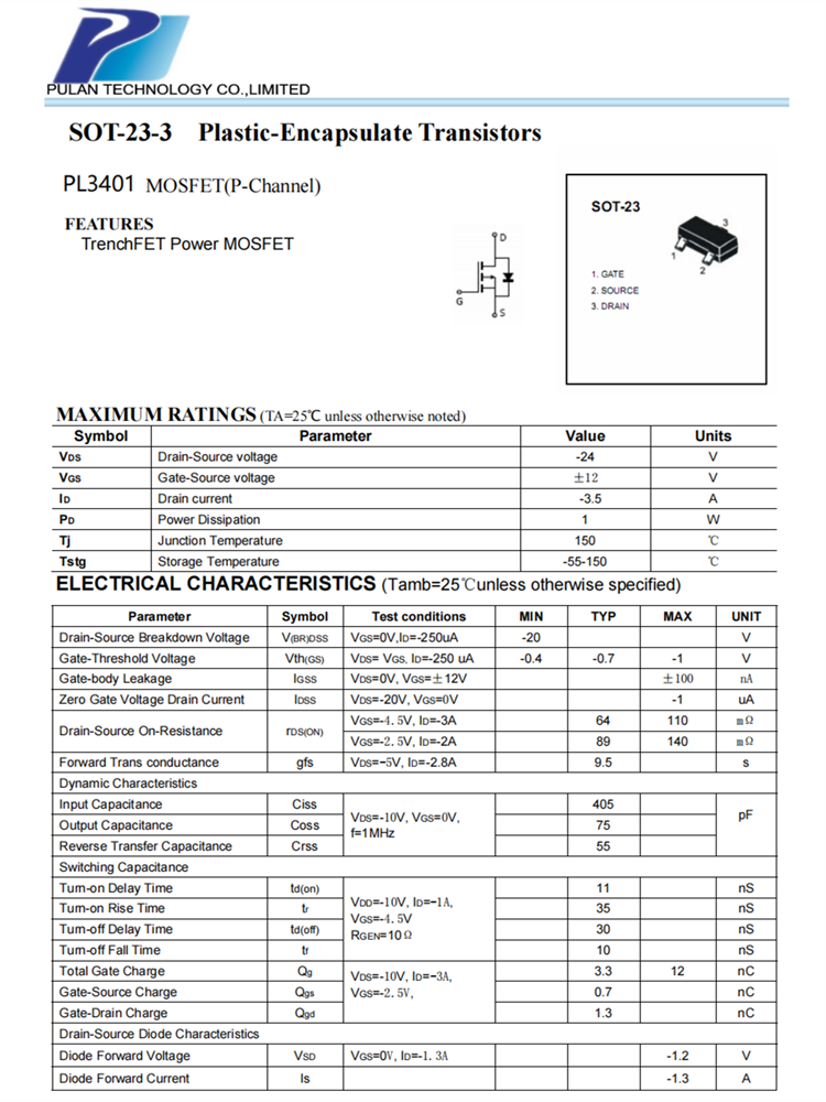PL3401 SOT-23 PMOS管（-24V -3.5A）全新原装现货 