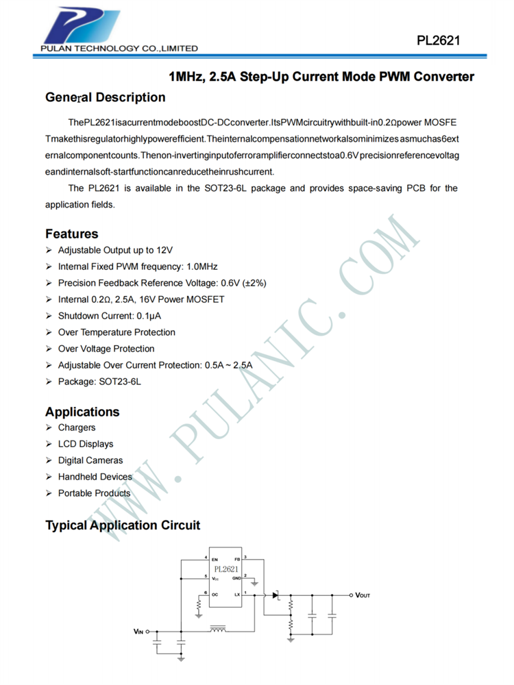 PL2621 AL389 SOT23-6L 2.5A PWM升压DC/DC转换器IC 内置功率MOS