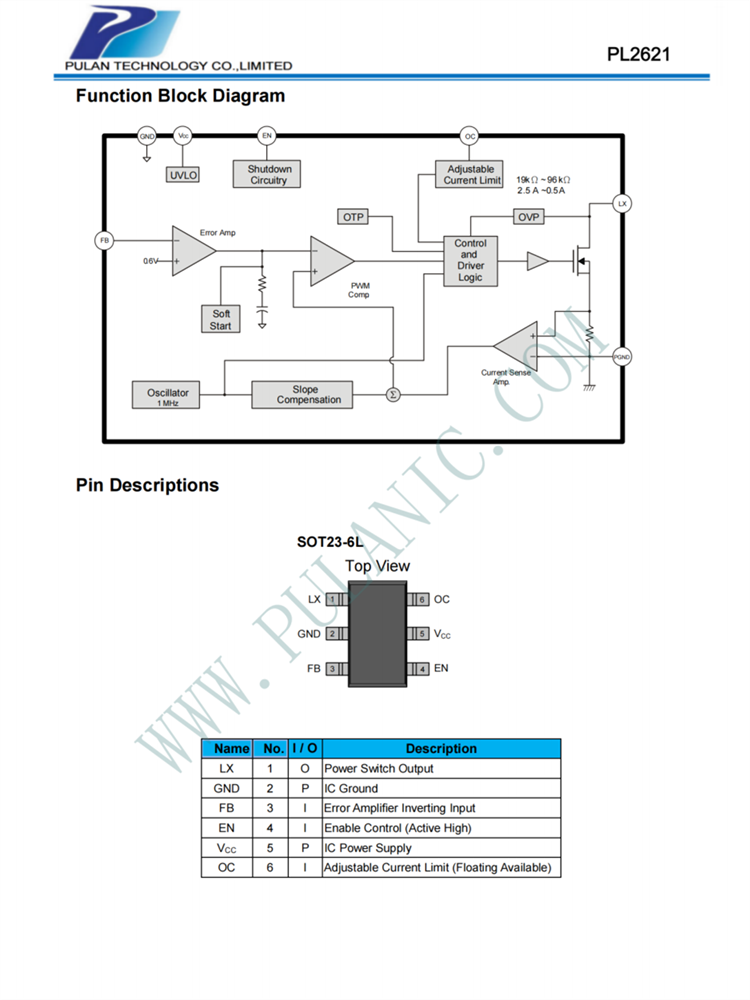 PL2621 AL389 SOT23-6L 2.5A PWM升压DC/DC转换器IC 内置功率MOS
