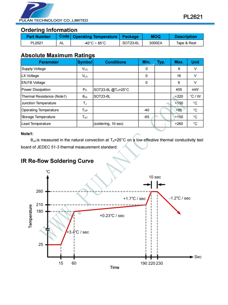 PL2621 AL389 SOT23-6L 2.5A PWM升压DC/DC转换器IC 内置功率MOS