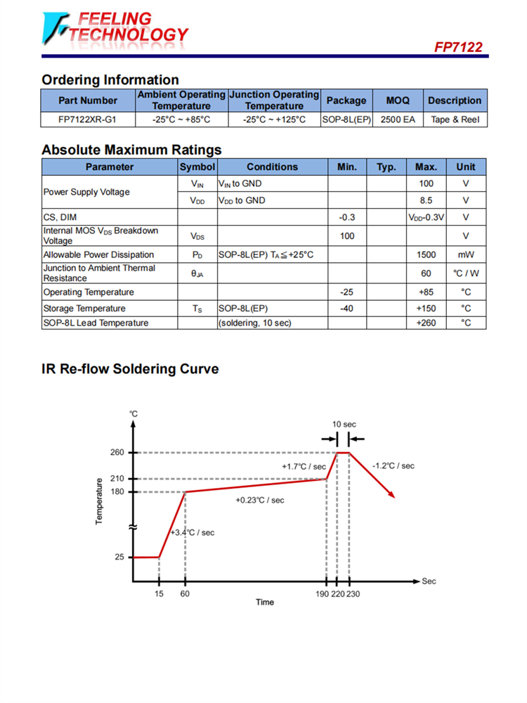 FP7122 LED驱动器IC 内部100V/6A N-MOS SOP8L-EP封装 远翔代理