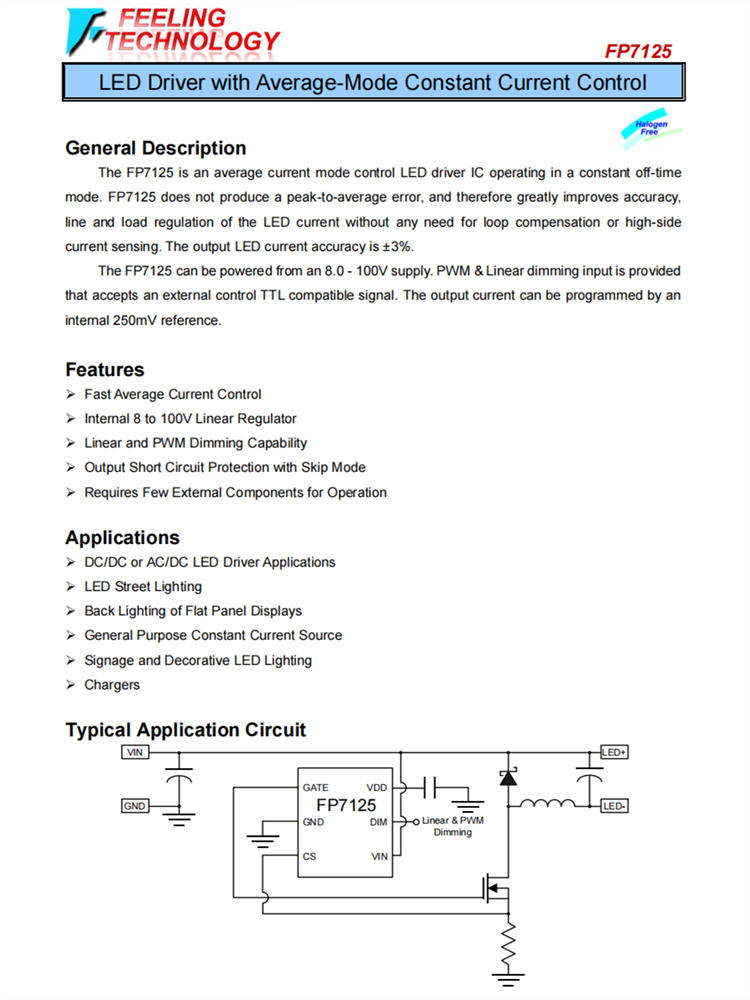 FP7125 平均电流模式控制LED驱动器IC SOT23-6L 平板背灯显示应用