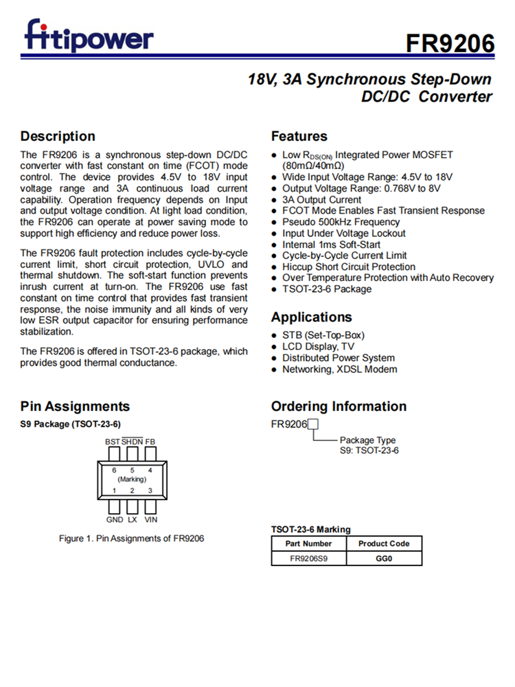 FR9206 TSOT23-6 18V输入 3安同步降压DC/DC转换器 FCOT模式控制