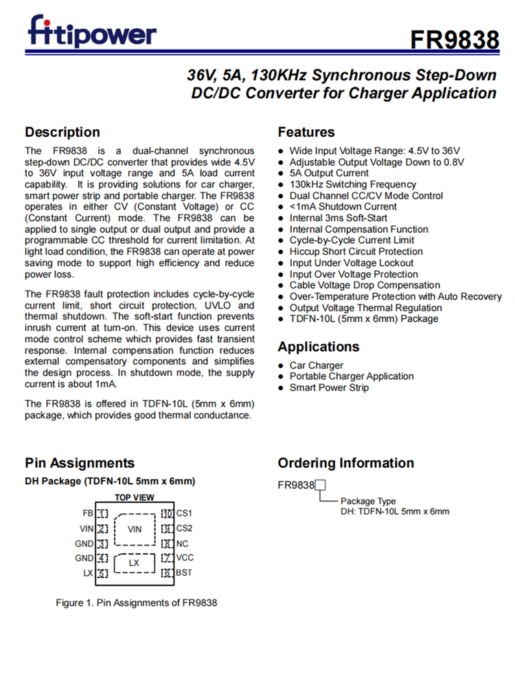 FR9838 TDFN-10L 36V,5A,130KHz DC/DC同步降压IC 全新原装现货