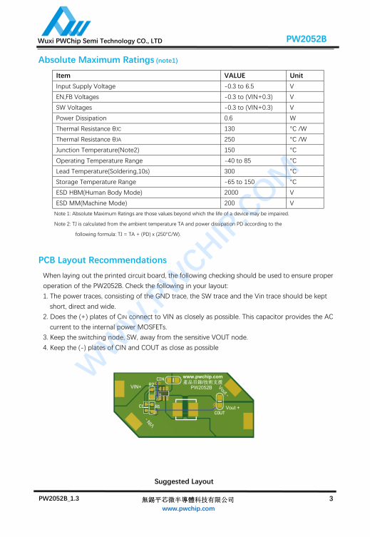 PW2052/B SOT23-5L封装 2A输出 同步降压型DC-DC转换器IC 高效率