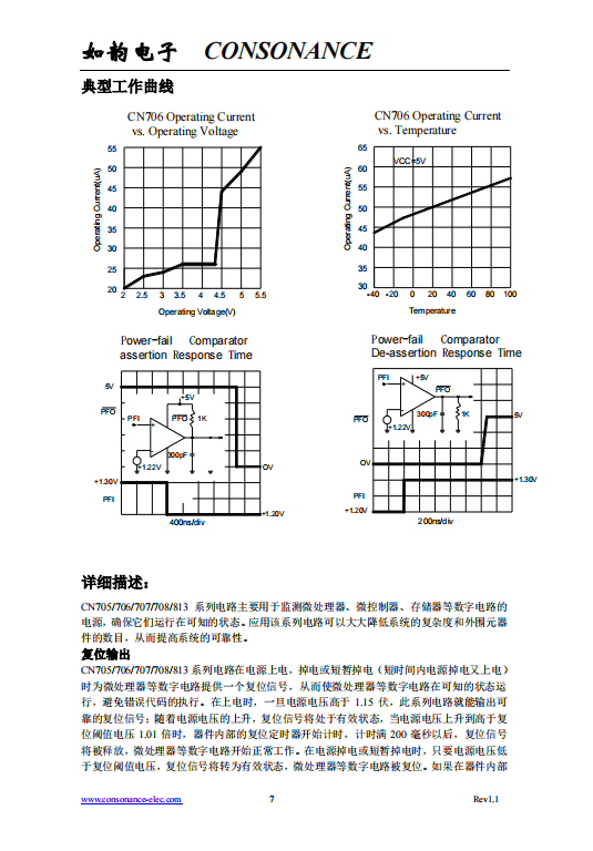 CN705/706/707/708/813系列微处理器复位电路主要用于微处理的电源和电池电压的监测。