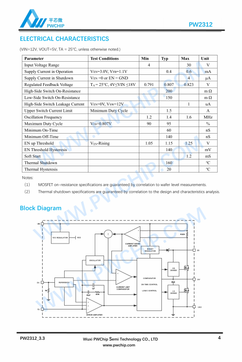 PW2312 2312A SOT23-6封装 30V/1.2A 55V/0.6A 同步降压转换芯片
