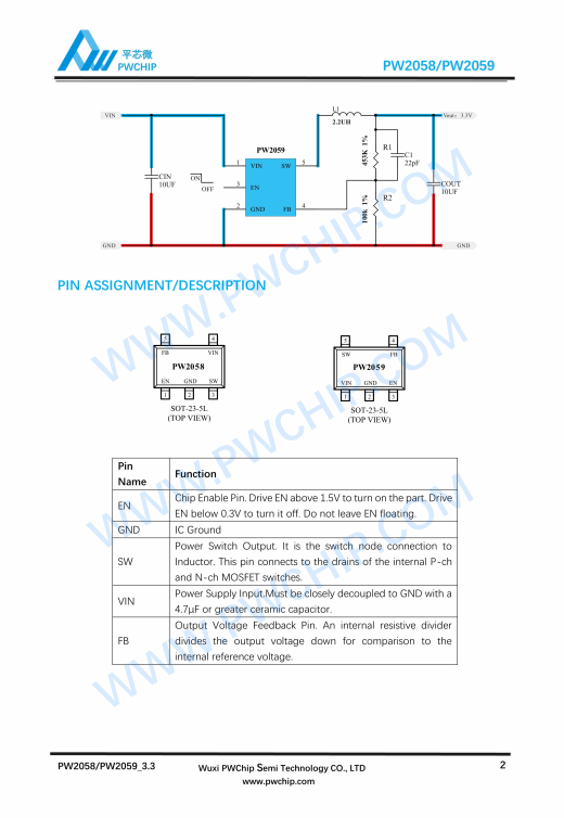 PW2058 PW2059 SOT23-5封装 6V输入 0.8A输出 同步降压转换器IC