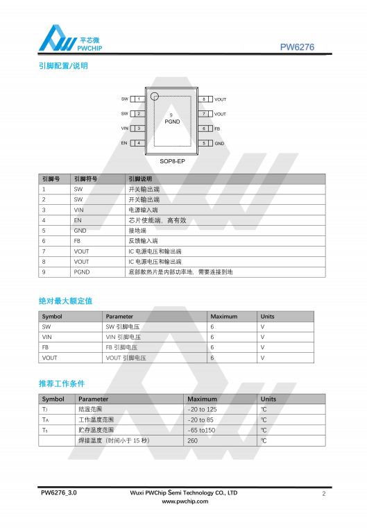 PW6276 ESOP8封装 5V 2.4A同步整流DC-DC升压转换器芯片 内置MOS