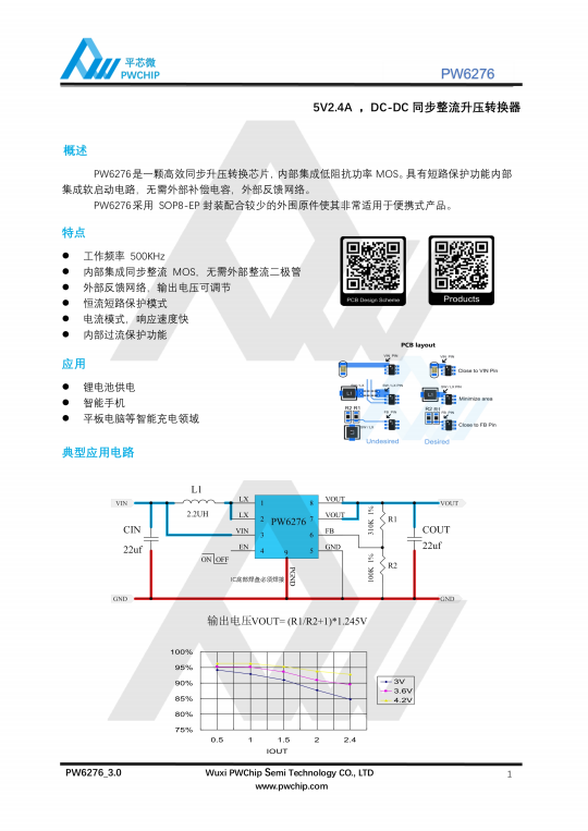 PW6276 ESOP8封装 5V 2.4A同步整流DC-DC升压转换器芯片 内置MOS