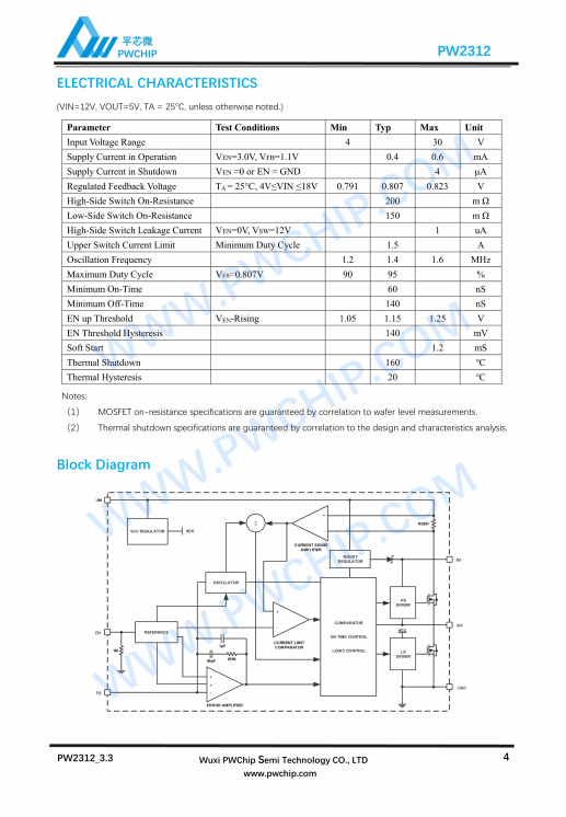 PW2312 2312A SOT23-6封装 30V/1.2A 55V/0.6A 同步降压转换芯片