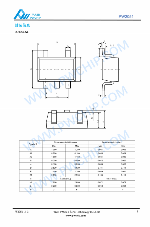 PW2051 SOT23-5L封装 PWM/PFM自动切换 1.5A DC-DC降压转换器IC