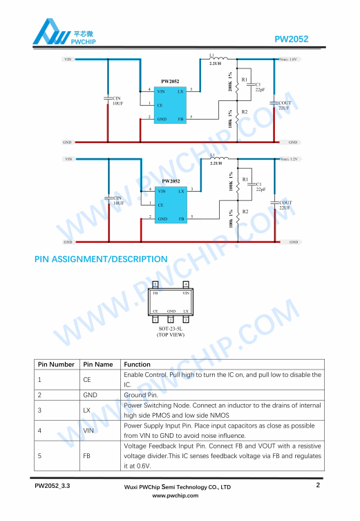 PW2052/B SOT23-5L封装 2A输出 同步降压型DC-DC转换器IC 高效率