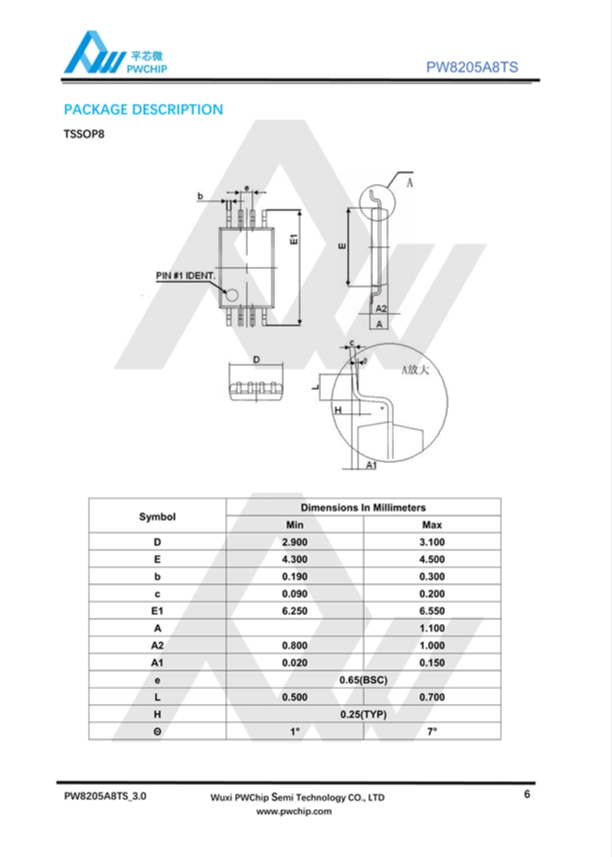  PW8205A8TS SOP8封装 20V 6A N沟道MOSFET场效应管 满足ROHS标准