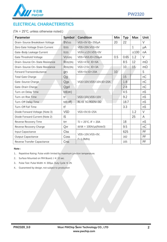 PW2320 贴片N-MOS芯片（20V 8A) 适用电池保护装置 全新现货供应