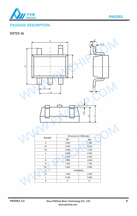 PW2053 SOT23-5封装 3A输出 DC-DC同步降压型转换器IC 96%高效率