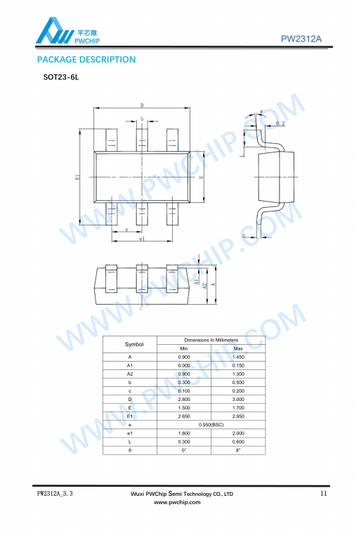 PW2312 2312A SOT23-6封装 30V/1.2A 55V/0.6A 同步降压转换芯片
