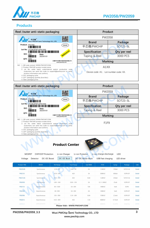 PW2058 PW2059 SOT23-5封装 6V输入 0.8A输出 同步降压转换器IC