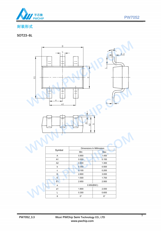 PW7052 SOT23-6封装 基于CMOS的双节可充电锂电池保护芯片 0V充电