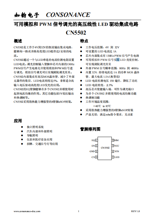 CN5502 可用模拟和PWM信号调光的高压线性LED驱动集成电路