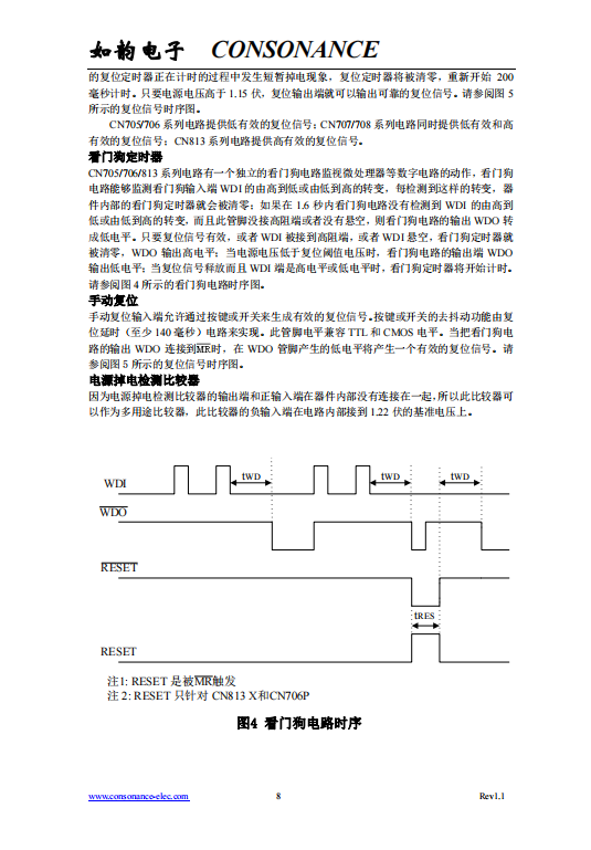 CN705/706/707/708/813系列微处理器复位电路主要用于微处理的电源和电池电压的监测。