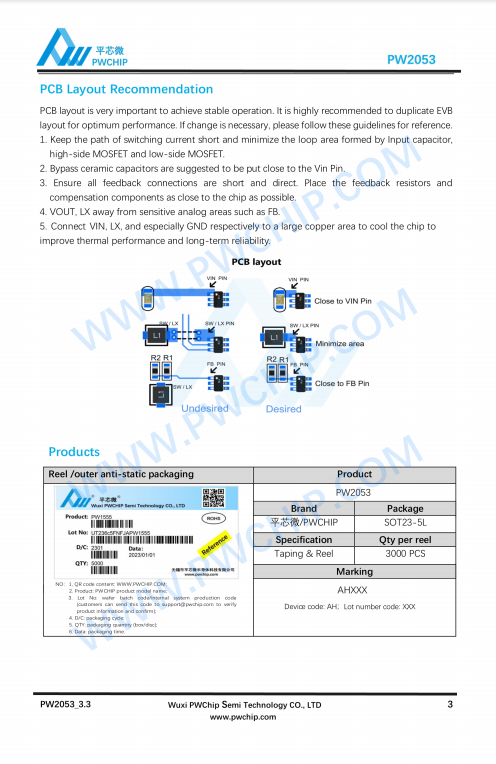 PW2053 SOT23-5封装 3A输出 DC-DC同步降压型转换器IC 96%高效率