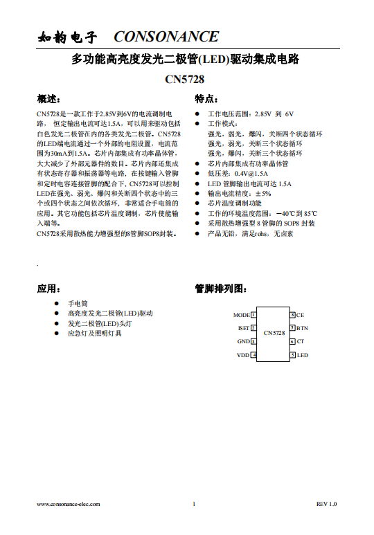 CN5728 多功能高亮度发光二极管(LED)驱动集成电路