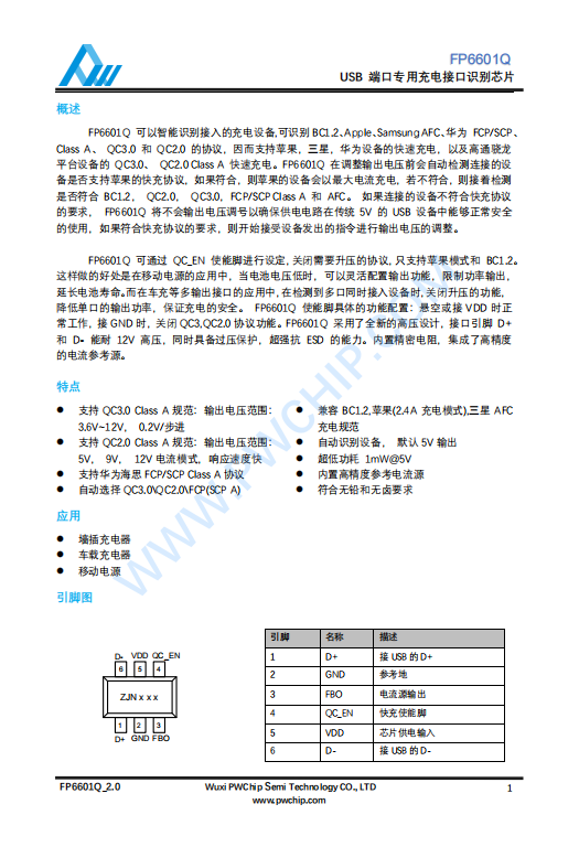 FP6601Q USB专用充电端口控制器IC 快速充电协议和QC 2.0/3.0