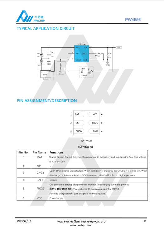 PW4556 TDFN1X1-6L封装 单节锂电池恒流恒压线性充电器IC 内置MOS