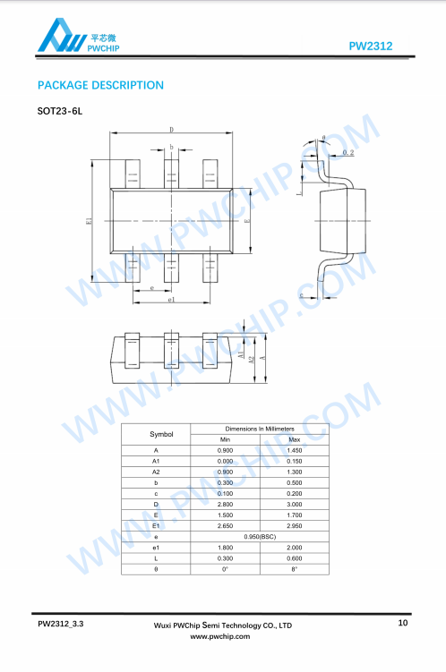 PW2312 2312A SOT23-6封装 30V/1.2A 55V/0.6A 同步降压转换芯片