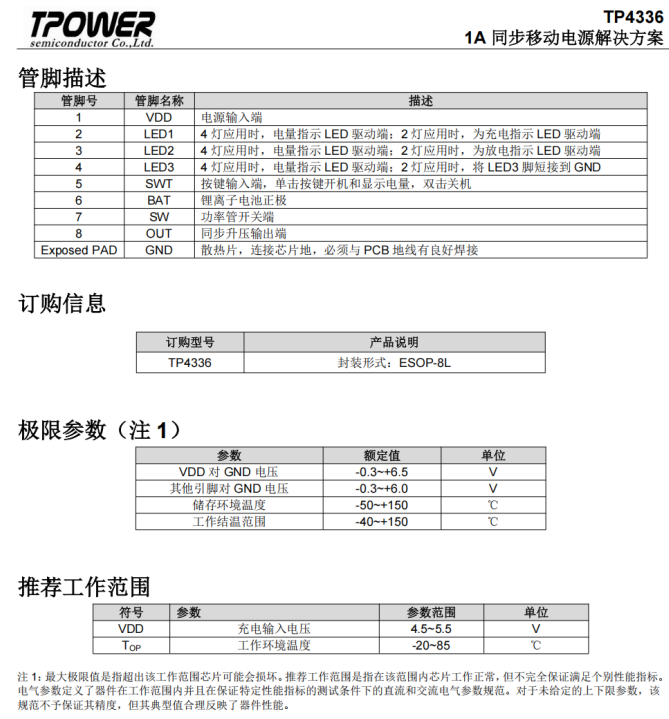 TP4336 锂电池电子设备1A同步移动电源 解决方案